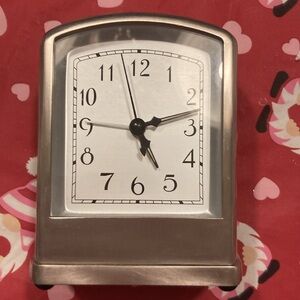 Pottery Barn brushed nickel alarm clock. Retro Art Deco Style. Glowing hands.